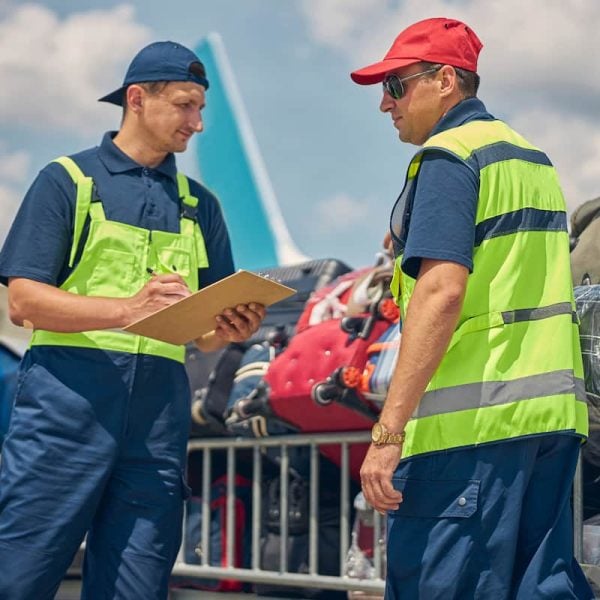 airport workers handling baggage